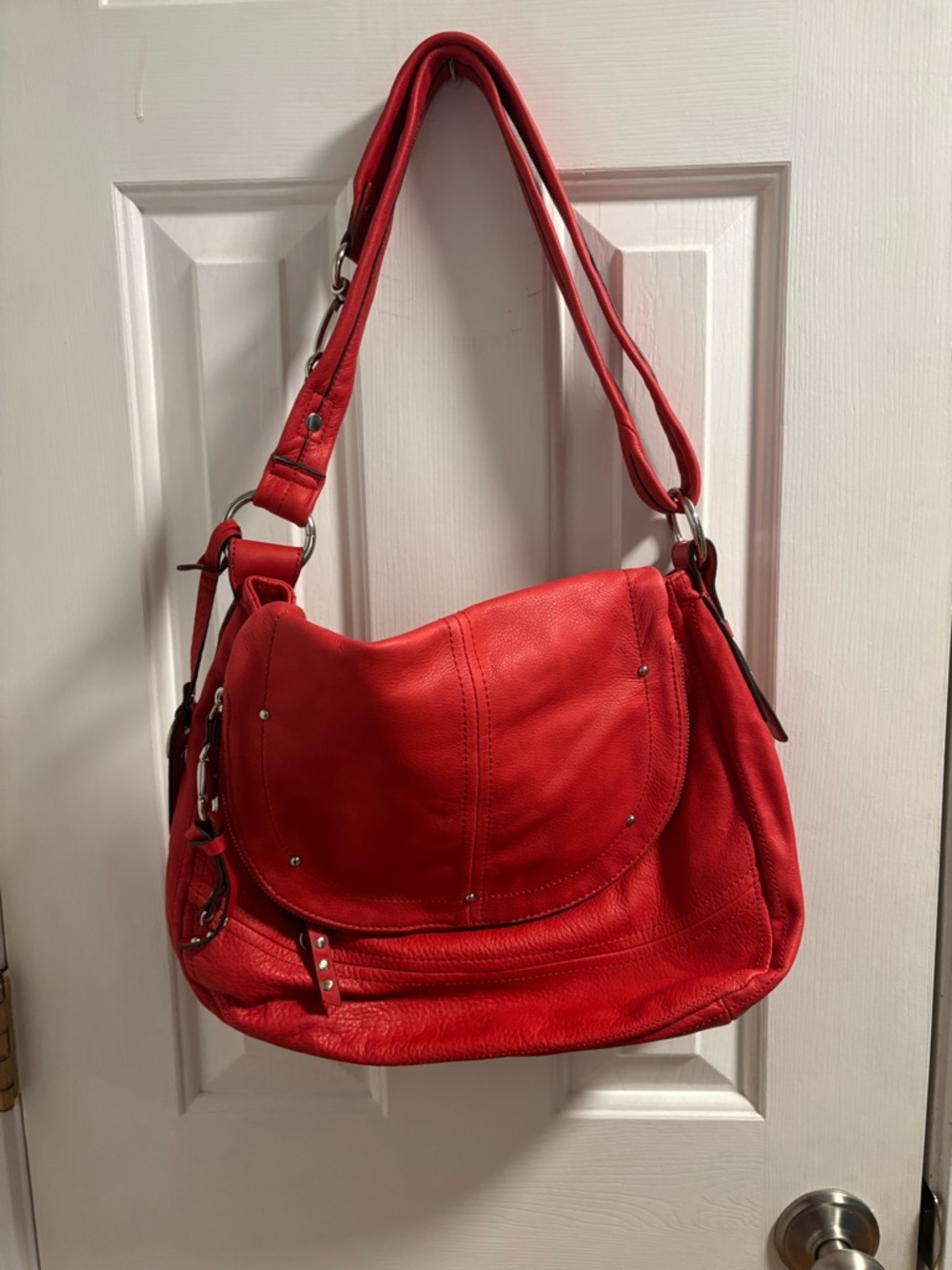 b. makowsky Red Leather Shoulder Bag with Flap and Stud Accents - Picture 2 of 8